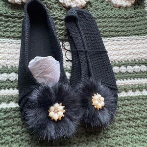 Hand-Knit House Slippers in Black and gold accented size medium to large